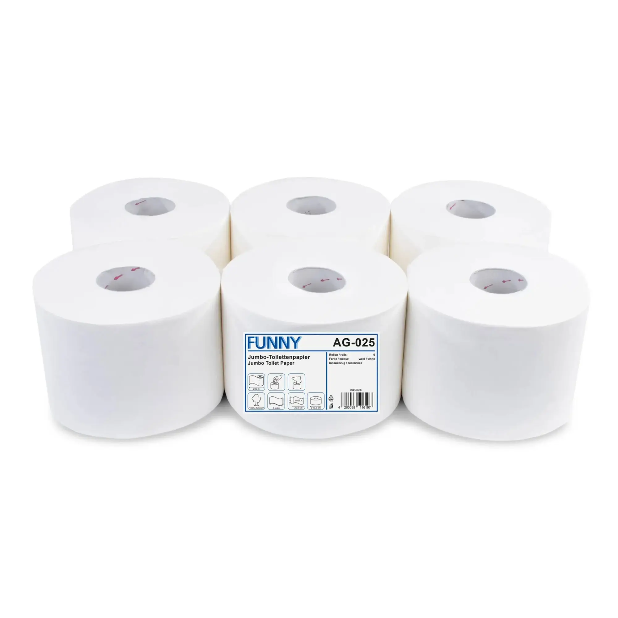 FUNNY Mini-Jumbo-Toilettenpapier Center Feed 2-lagig, weiß, 205 Meter, Microprägung, passend für Innenzug-Spender, VE mit 6 Rollen, Art.-Nr. AG-025