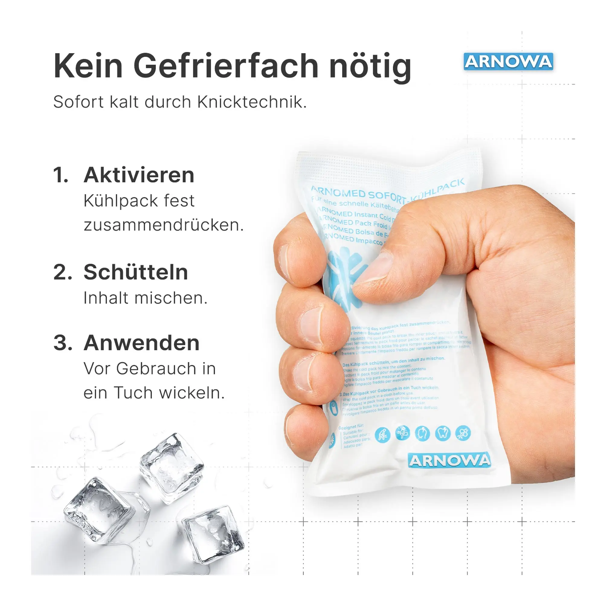ARNOMED Sofort-Kühlpack zur Kältebehandlung, Einweg, 10 Stück, wird in der Hand durch Knicktechnik aktiviert, ohne Gefrierfach sofort kalt einsetzbar, ideal bei Prellungen und Verstauchungen