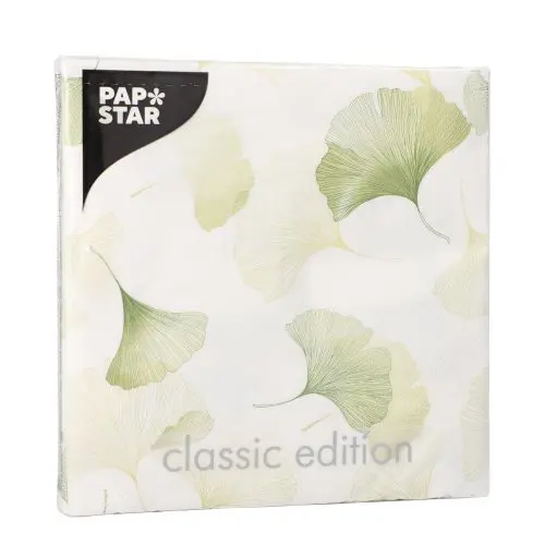 PAPSTAR Servietten, 3-lagig 1/4-Falz 33 x 33 cm Light Ginko mit zartgrünem Ginkgoblatt-Dekor, umweltfreundliche FSC-Tissue-Servietten