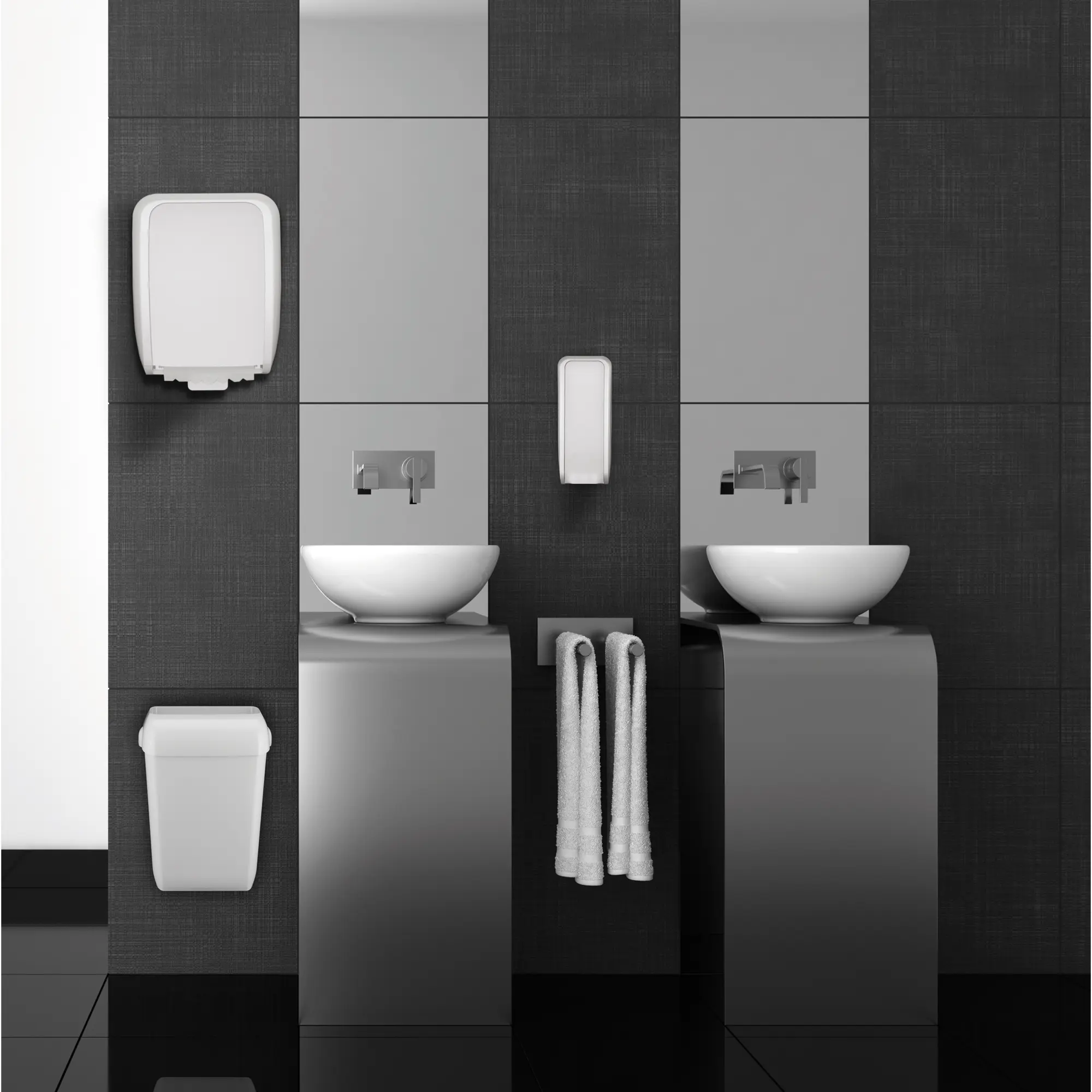 Cosmos Handtuchspender Autocut von JM Metzger, weißer Handtuchrollenspender mit Autocut-Funktion in modernem Waschraum über Waschbecken montiert