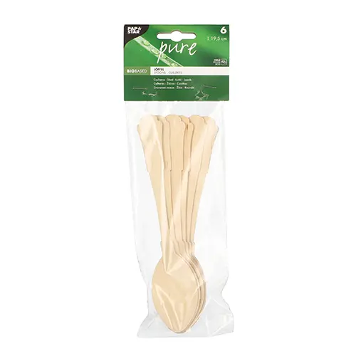 PAPSTAR Löffel, Holz pure 19,5 cm Vintage, 15 x 6 Stück – stabile, geschmacksneutrale Holzlöffel im schönen Vintage-Design, umweltfreundlich verpackt