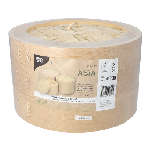 PAPSTAR Dampfgarer Bambus "ASIA" Ø 25 cm, 16 cm 3-teilig, 4 x 1 Stück
