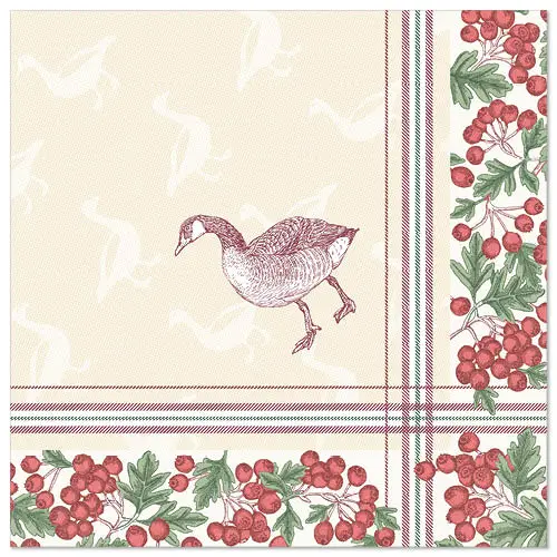 PAPSTAR Servietten "ROYAL Collection" Goose 40 x 40 cm, 1/4-Falz aus Tissue in Stoffoptik mit Gans-Motiv, Beerenrand und kariertem Rahmen, industriell kompostierbar, FSC-zertifiziert, Art.-Nr. 87203