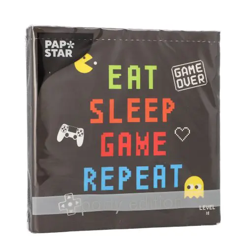 PAPSTAR Servietten "Gamer" 3-lagig 1/4-Falz 33 x 33 cm, schwarze Tissue-Servietten mit buntem Pixel-Design und Spruch "Eat Sleep Game Repeat", ideal für Gaming-Party und Themenabende, Artikelnummer 37183