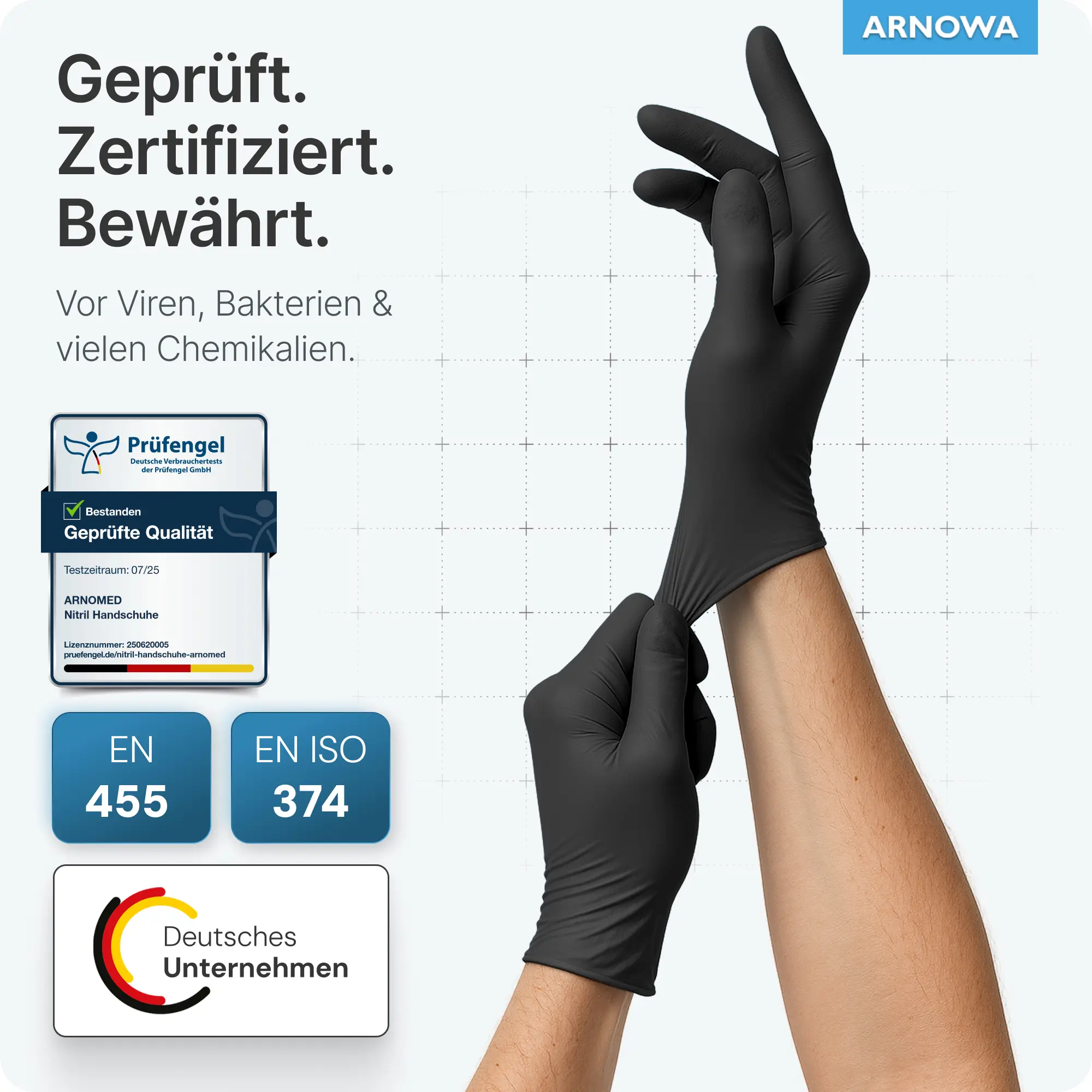 ARNOMED CLASSIC NITRIL MIDNIGHT BLACK Nitrilhandschuhe schwarz puderfrei, latexfreie Einmalhandschuhe für Medizin, Pflege, Labor, geprüft nach EN 455 und EN ISO 374
