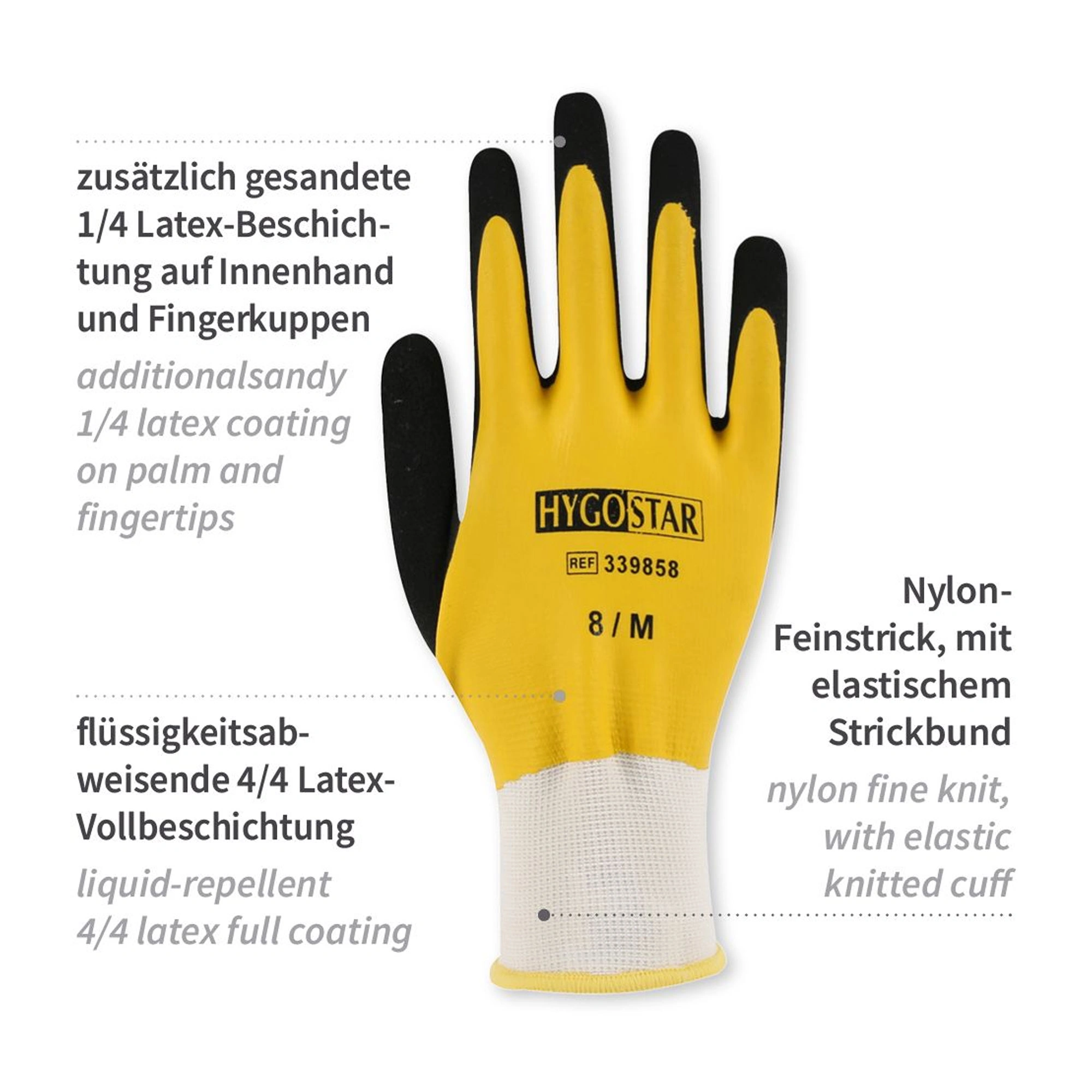 Hygostar Wet Protect Feinstrickhandschuhe mit Latex-Beschichtung gelb/schwarz, VE 120 Paar