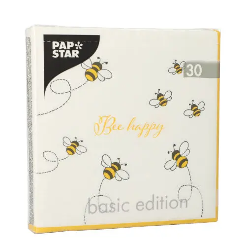 PAPSTAR Servietten „Bee Happy“, 3-lagig 33 x 33 cm, FSC-zertifizierte Papierservietten mit Bienenmotiv, 1/4-Falz, umweltfreundlich für jede Feier