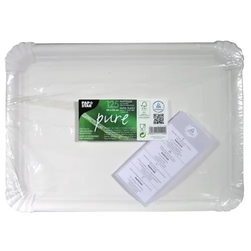 PAPSTAR Teller, Pappe "pure" eckig 24 cm x 33 cm weiß aus 100 % Frischfaserkarton, nachhaltige FSC-zertifizierte Einweg-Kuchenteller für Lebensmittel