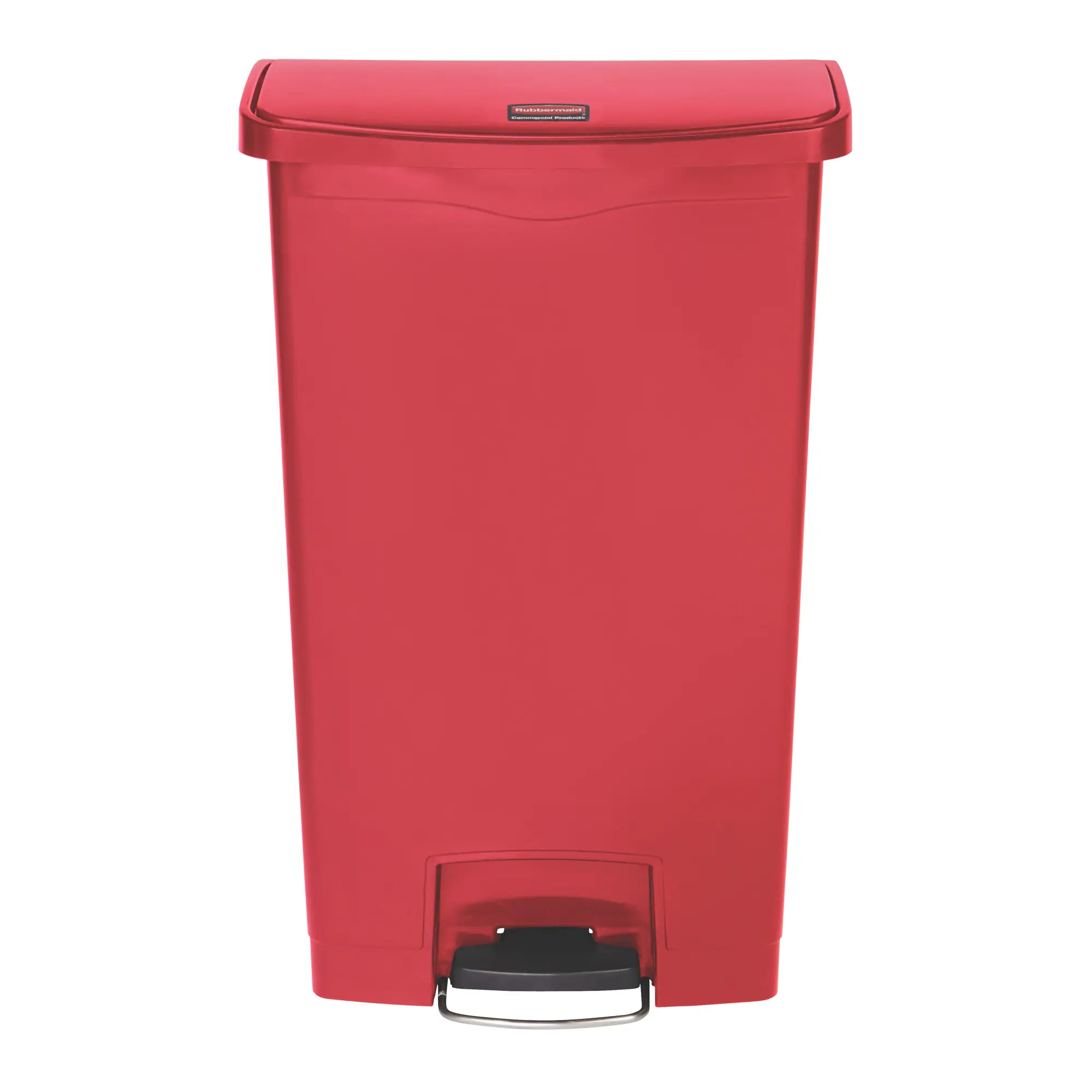 Rubbermaid Slim Jim Step on Abfallbehälter 68 Liter Front Step in rot mit stabilem Fußpedal und leise schließendem Deckel, ideal für hygienische Abfallentsorgung in Innenbereichen