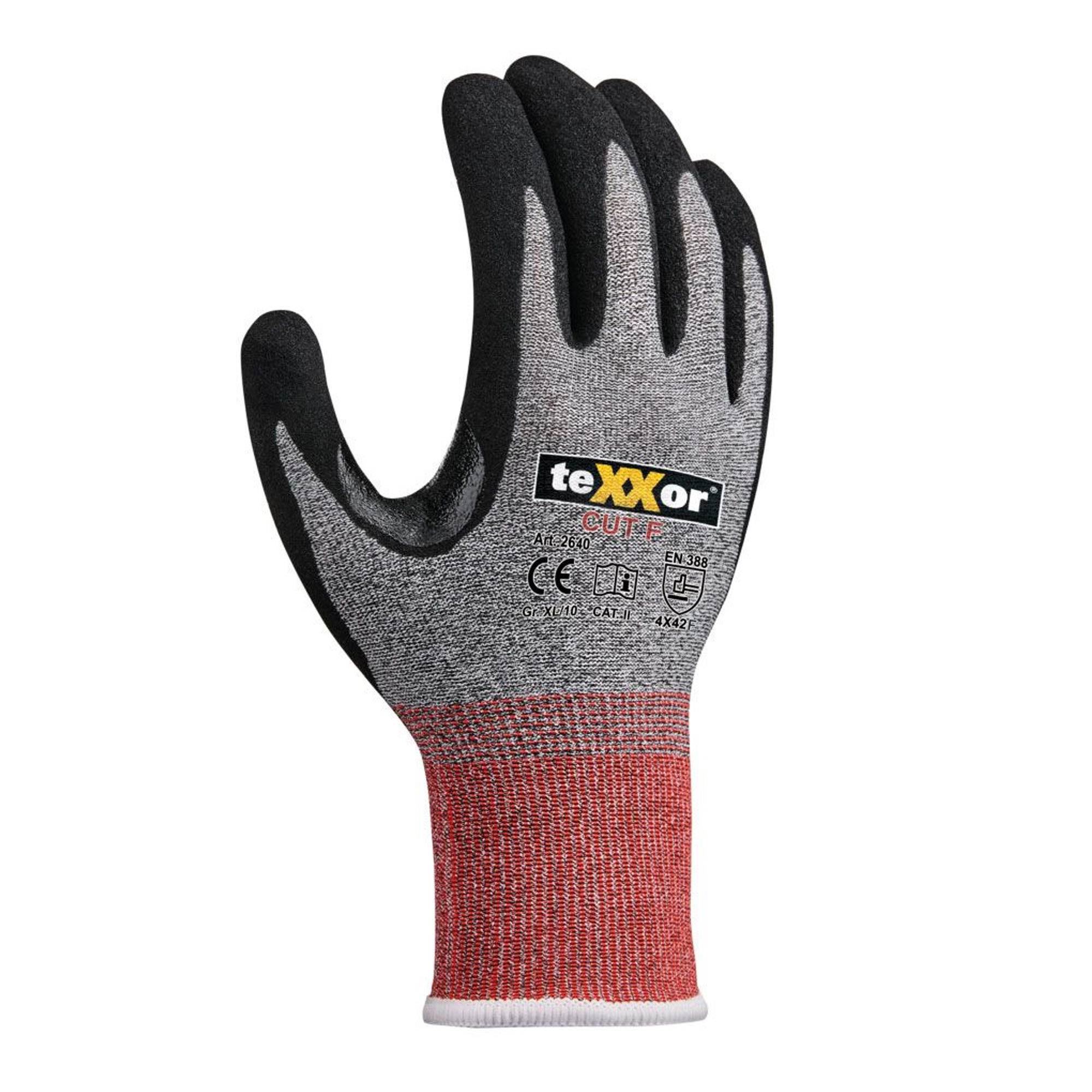 teXXor 2640, CUT F Schnittschutzhandschuhe mit Nitril, gesandet-Beschichtung grau-meliert/rot/schwarz, VE 144 Paar