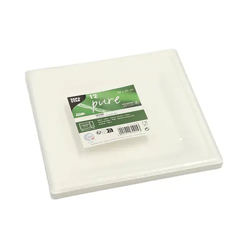 PAPSTAR Teller, Zuckerrohr "pure" eckig 20 x 20 cm weiß, stabile Einwegteller aus Zuckerrohr-Bagasse, 12 x 12 Stück, Art.-Nr. 89754