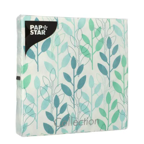 PAPSTAR Servietten, 3-lagig 1/4-Falz 33 x 33 cm blau "Branches" aus Tissue, umweltfreundlich FSC-zertifiziert mit blau-grünem Zweigmotiv, 200 Stück im Karton