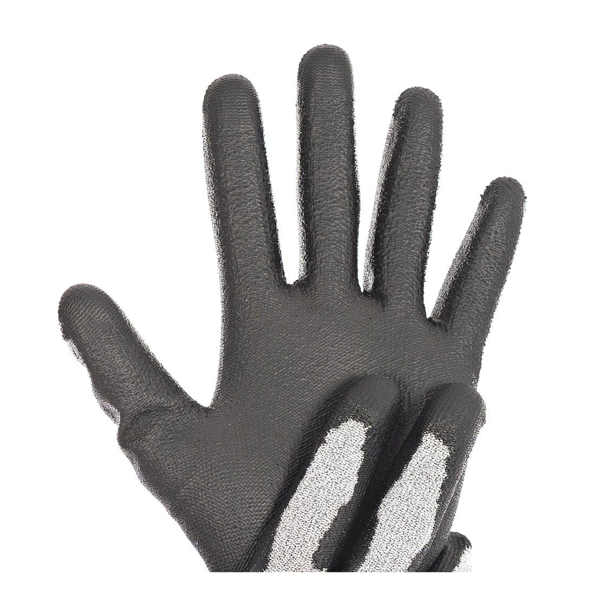 Hygostar Cut Safe Touch Schnittschutzhandschuhe mit schwarzer Polyurethan-Beschichtung, graues Trägergewebe, Detailansicht der Innenfläche für sicheren Schnittschutz und trockenen Griff, VE 100 Paar
