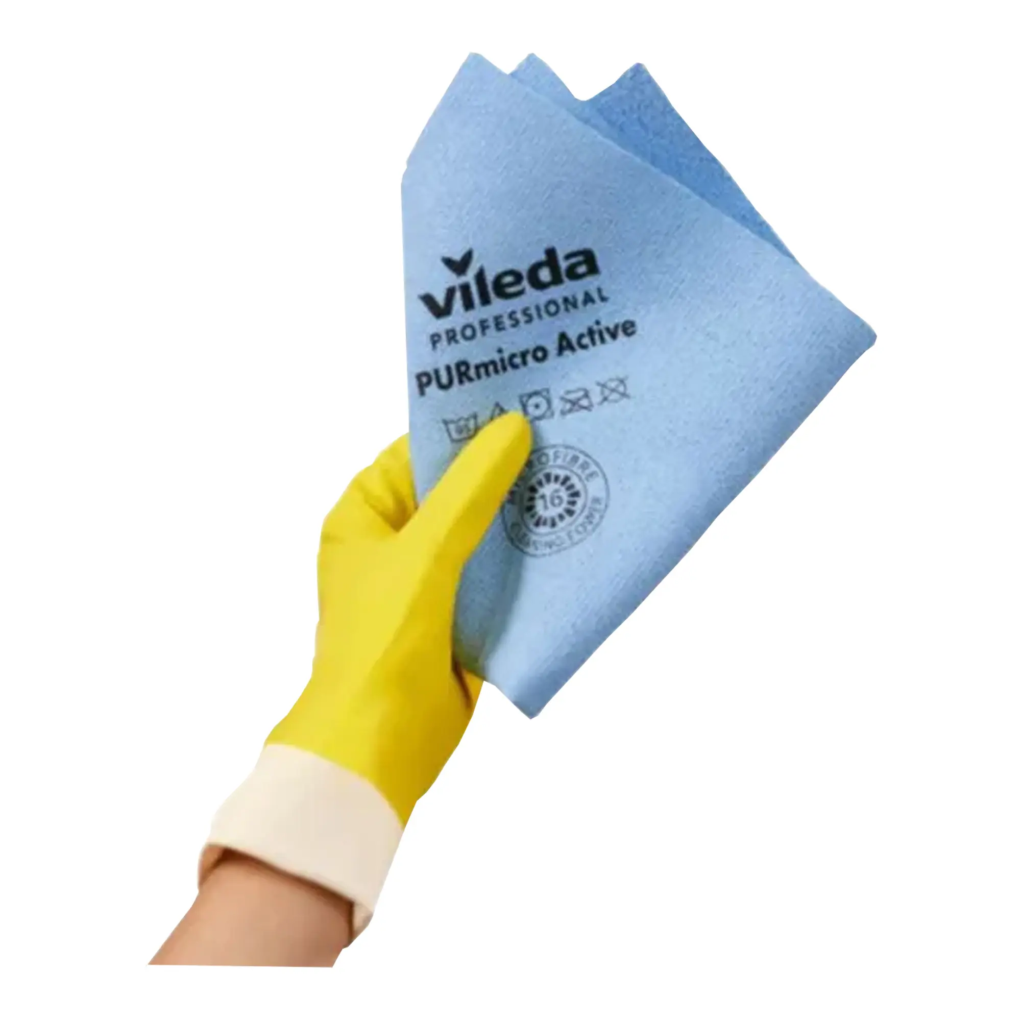 Vileda Microfasertuch PURmicro Active, 1 Stück – blaues Microfasertuch mit PUR-Beschichtung in gelb behandschuhter Hand, ideal für glänzende und empfindliche Oberflächen