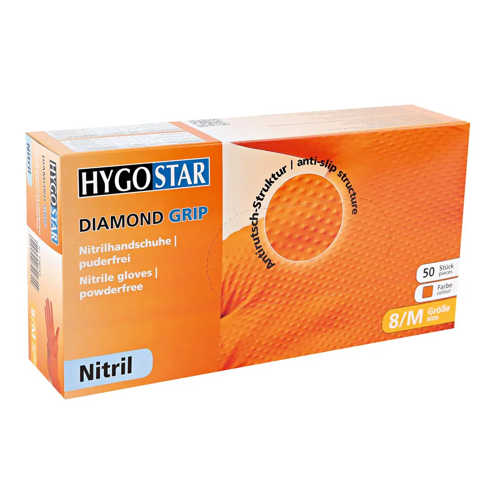 Hygostar Diamond Grip Nitrilhandschuhe orange puderfrei, VE 500 Stück, griffige Nitril-Einmalhandschuhe mit Diamant-Grip-Struktur für medizinische und industrielle Anwendungen