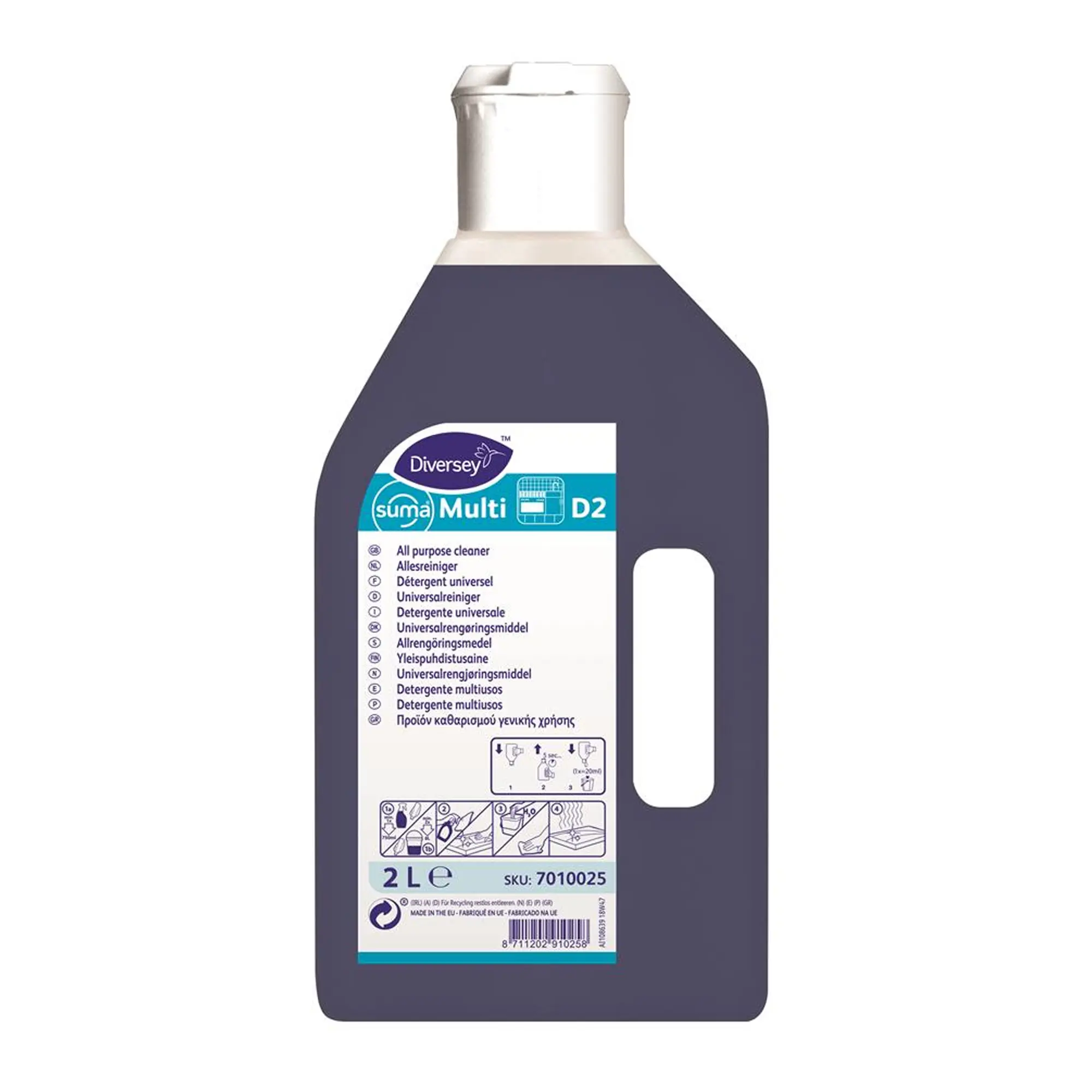 Suma Multi D2 Universalreiniger von Diversey, konzentrierter mildalkalischer Küchenreiniger für Böden, Wände, Türen, Decken und Geräte, 2 Liter, Artikelnummer 7010025