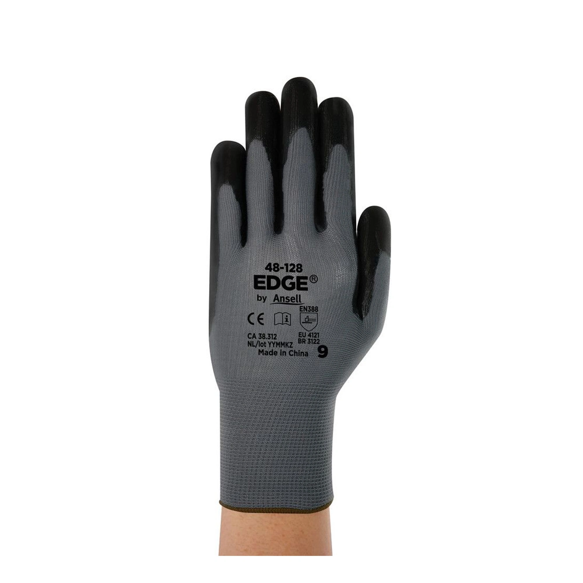 Ansell EDGE 48-128 Mehrzweckhandschuhe mit grauem Strickträger und schwarzer Nitril-Beschichtung, ideal für leichte Montage- und Wartungsarbeiten in Industrie und Handwerk, VE 12 Paar, Art.-Nr. 48-128