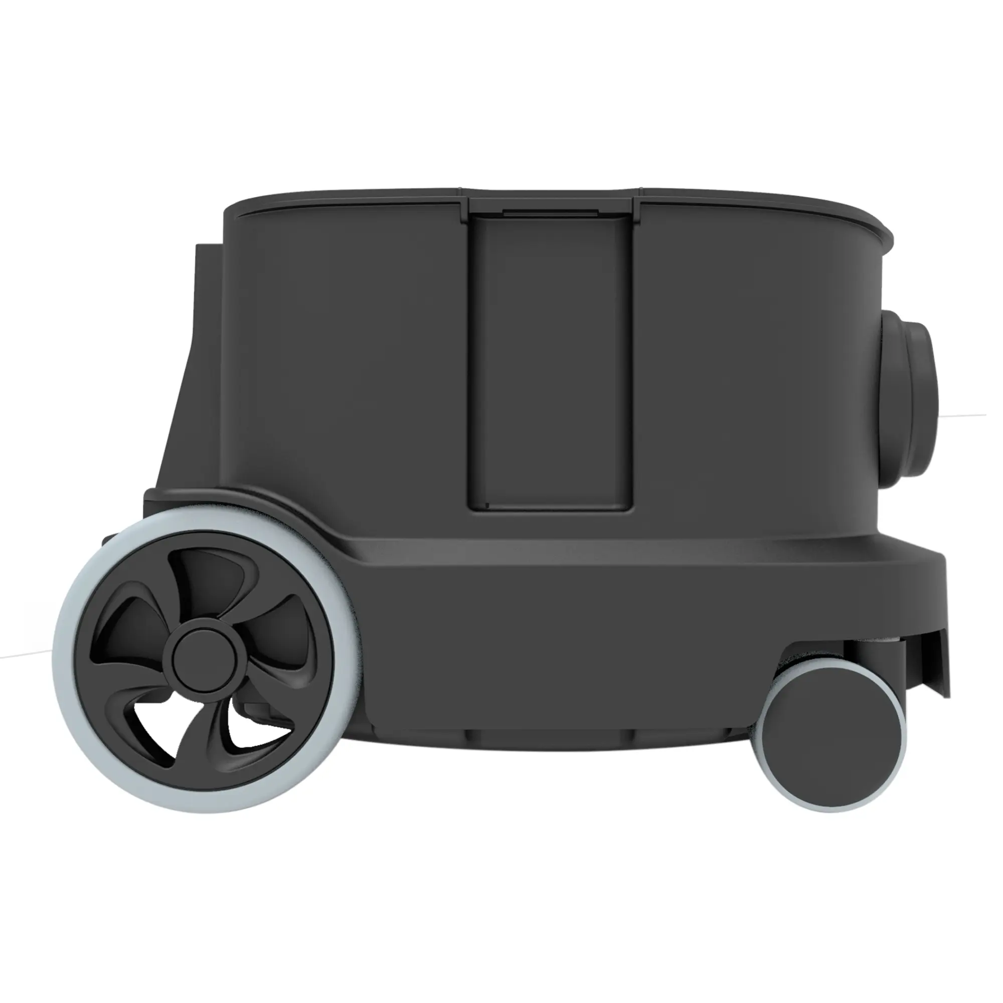 Sprintus Staubsauger ERA TEC ZERO von Sprintus, seitliche Ansicht des kompakten Trockensaugers mit großen, leisen Laufrollen und stabilen Lenkrollen, ideal für professionelle Reinigung in hygienisch sensiblen Bereichen