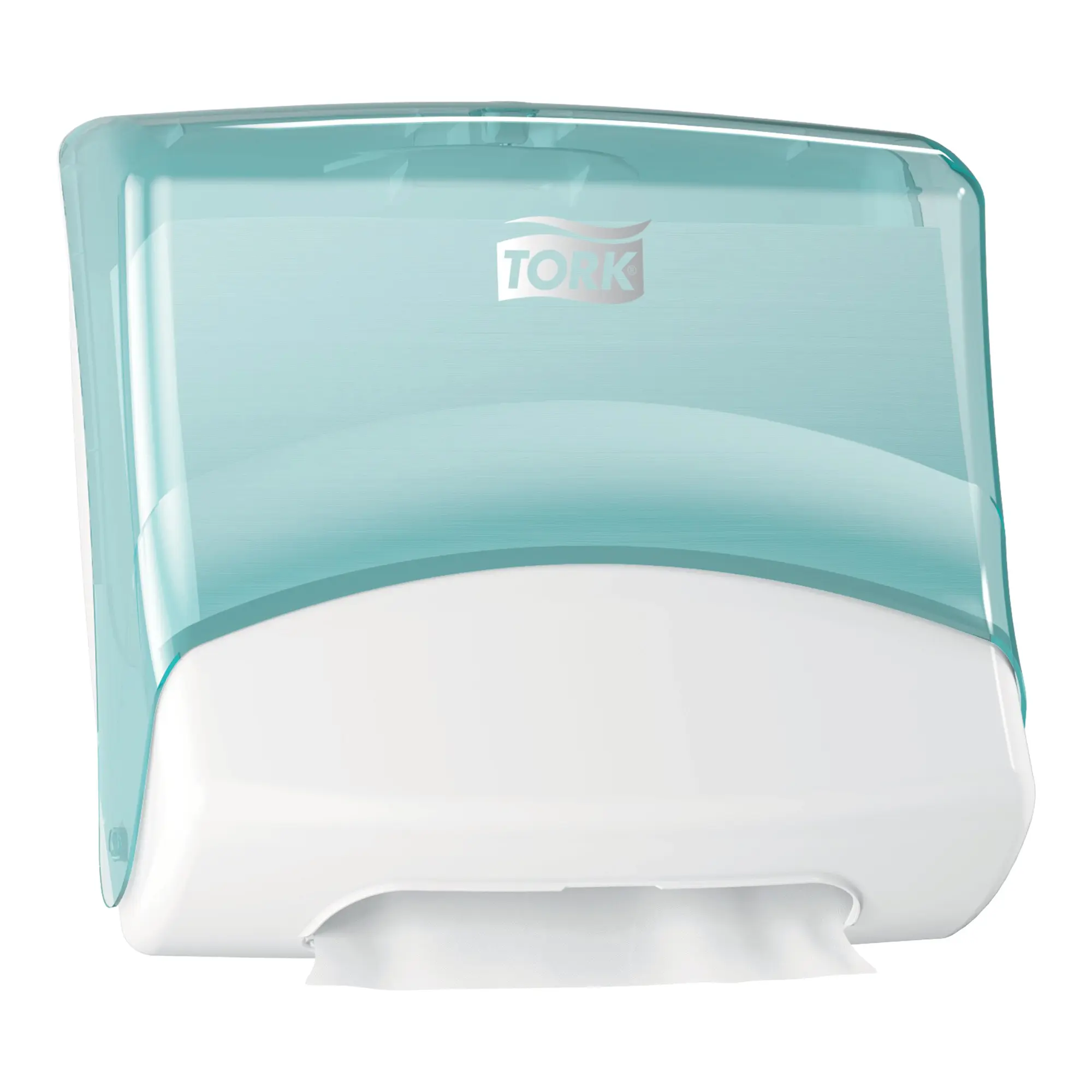 Tork Performance Einzeltuchspender W4 in Weiß-Türkis für gefaltete Wischtücher, hygienische Einzelblattentnahme, Artikelnummer 654000