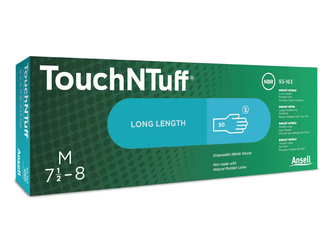 Ansell TouchNTuff 93-163 Nitrilhandschuhe blau puderfrei, lange Nitril-Einmalhandschuhe für Medizin, Labor, Reinigung und Lebensmittelindustrie, VE 500 Stück, Artikelnummer 93-163