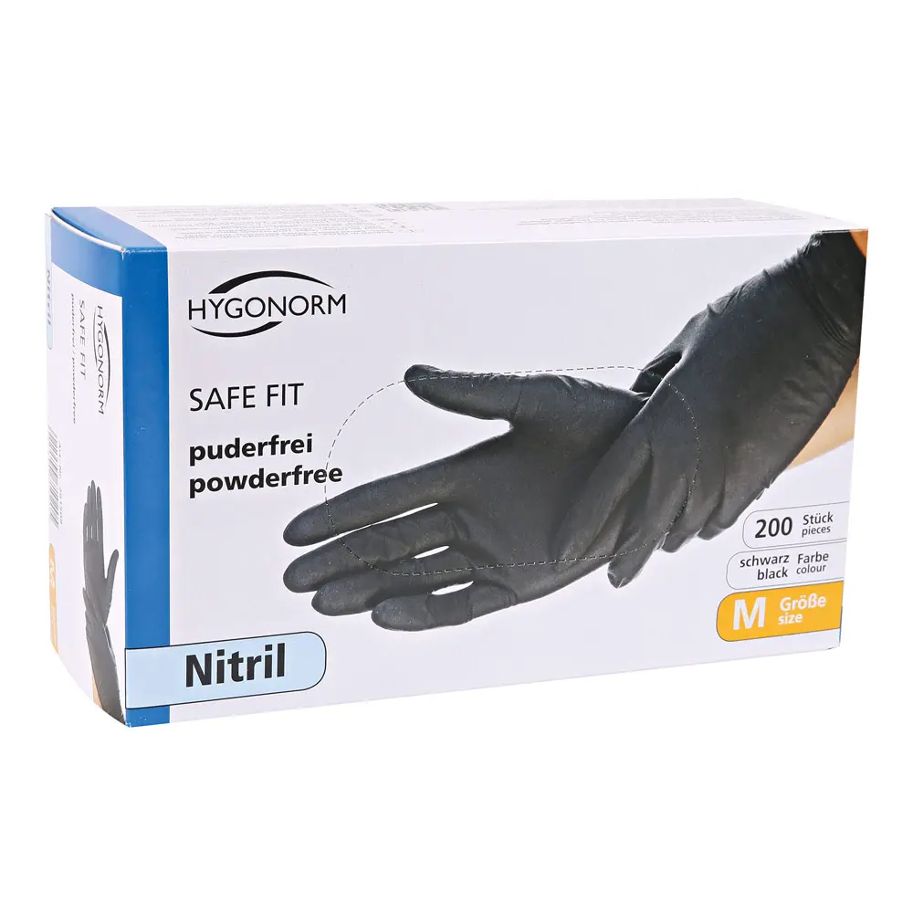 Hygonorm Safe Fit Nitrilhandschuhe schwarz puderfrei in 200er Box, VE 2000 Stück – schwarze Nitril-Einmalhandschuhe für Medizin, Labor, Gastronomie und Lebensmittelindustrie