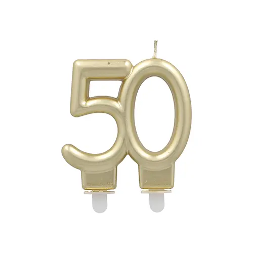 PAPSTAR Jubiläumskerzen mit Halter 7 cm gold "50", paraffinkerze mit Halter für Torten zum 50. Geburtstag oder Jubiläum, Art.-Nr. 37146