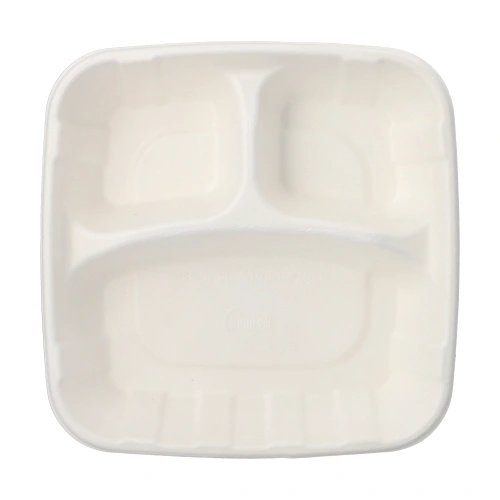 PAPSTAR Teller Zuckerrohr "pure" 3-geteilt 5 cm x 22,8 cm x 22,8 cm, 4 x 25 Stück