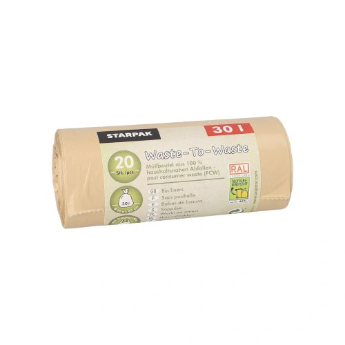 Starpak Müllbeutel mit Tragegriffen aus 100% PCW "Waste-To-Waste" 30 l, beige, Rolle mit 20 my starken LDPE-Müllsäcken 64,5 x 54 cm von PAPSTAR