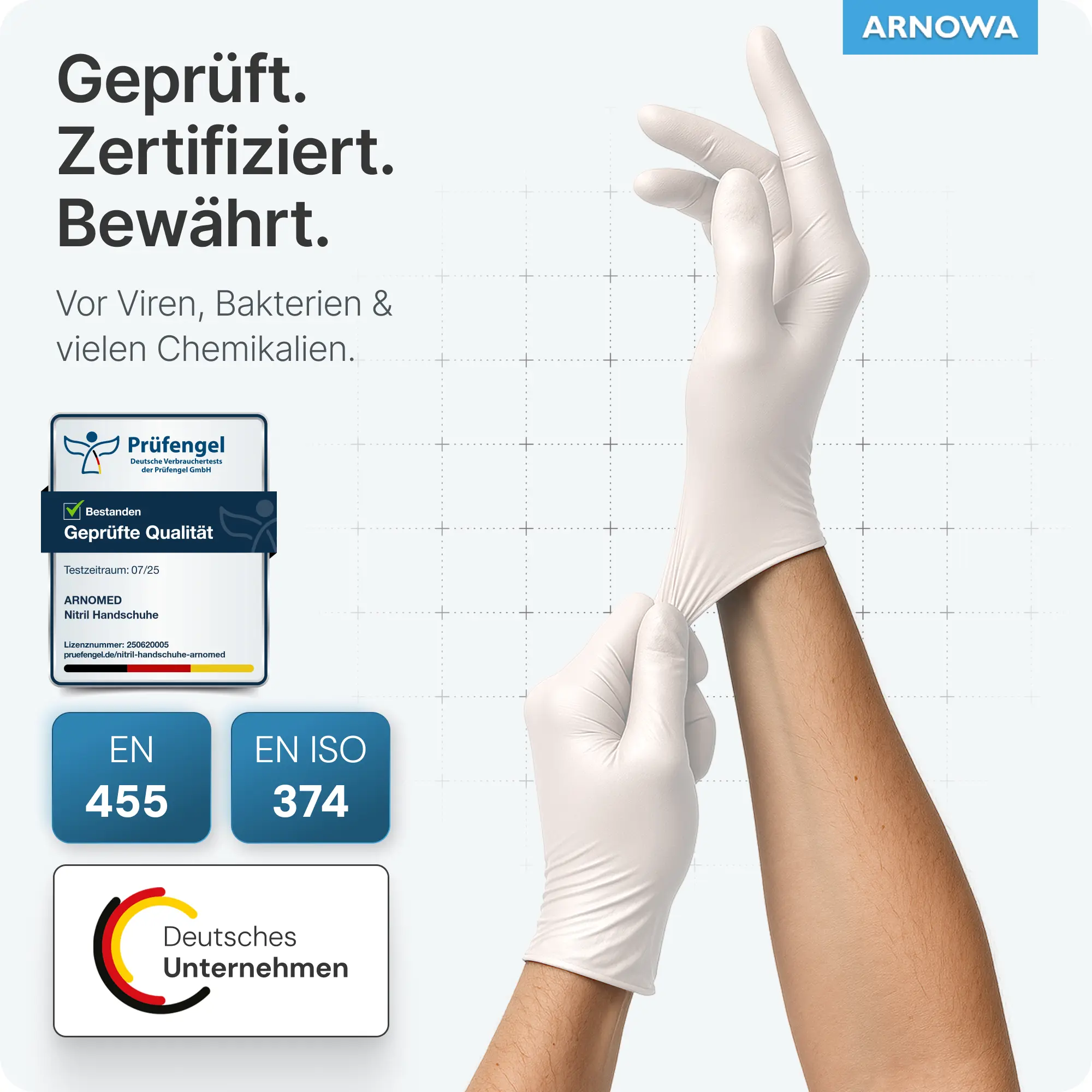 ARNOMED CLASSIC NITRIL WHITE Nitrilhandschuhe weiß puderfrei, 100 Stück, elastische latexfreie Einmalhandschuhe für Medizin, Pflege, Labor, geprüft nach EN 455 und EN ISO 374 von deutschem Unternehmen