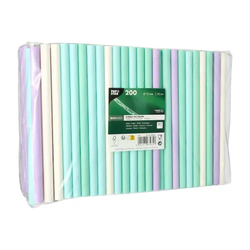 PAPSTAR Bubble Tea Halme Papier Ø 12 mm, 20 cm farbig sortiert in Pastellfarben, umweltfreundliche Trinkhalme für Bubble Tea aus nachwachsenden Rohstoffen