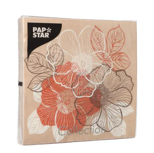 PAPSTAR Servietten, 3-lagig 1/4-Falz 33 x 33 cm "Bouquet" aus Tissue mit floralem Dekor in Rot, Weiß und Braun, umweltfreundlich und FSC-zertifiziert