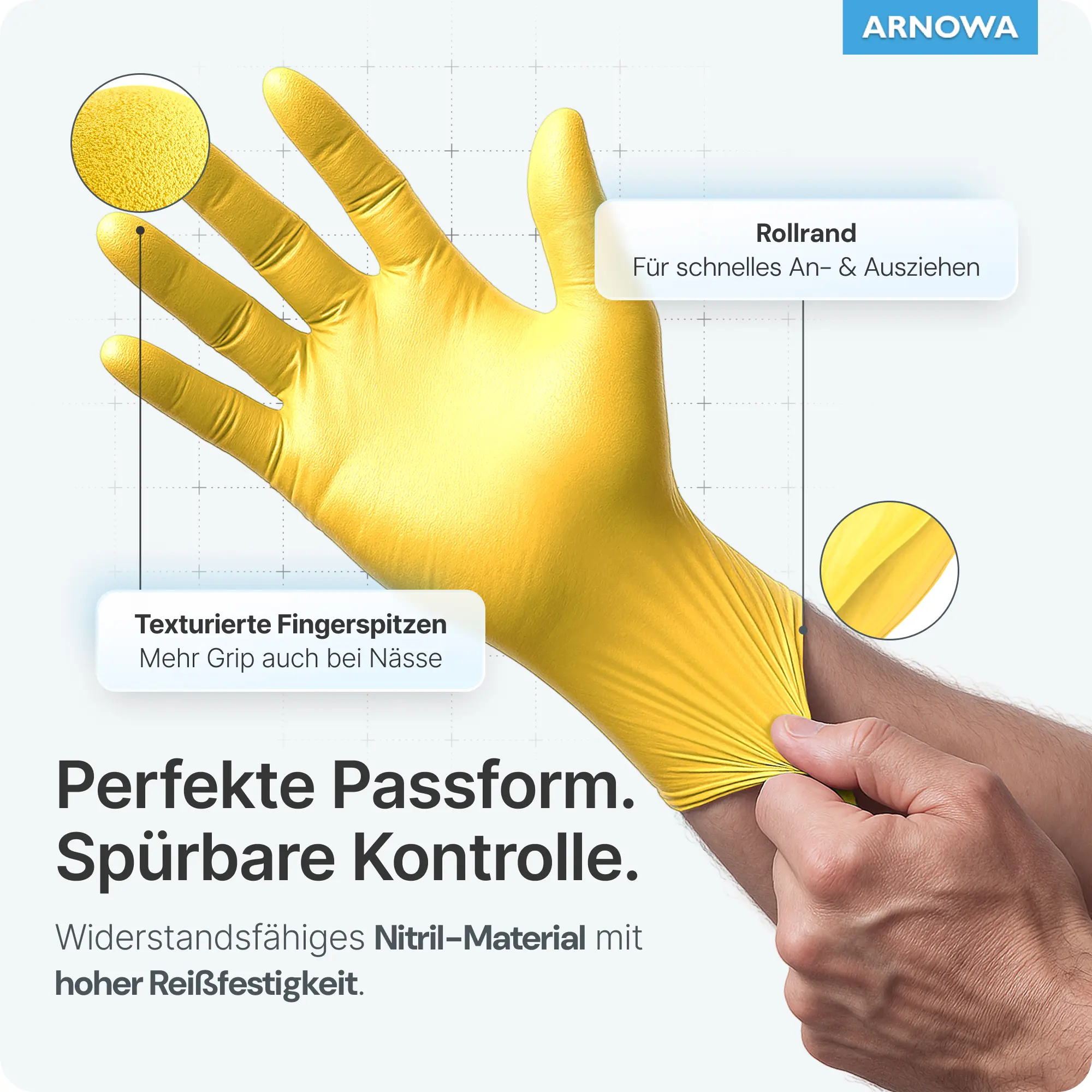 ARNOMED RAINBOW NITRIL SUNFLOWER YELLOW Nitrilhandschuhe gelb puderfrei, elastische latexfreie Einweghandschuhe mit Rollrand und texturierten Fingerspitzen für besseren Grip in Medizin, Pflege, Labor und Lebensmittelhygiene