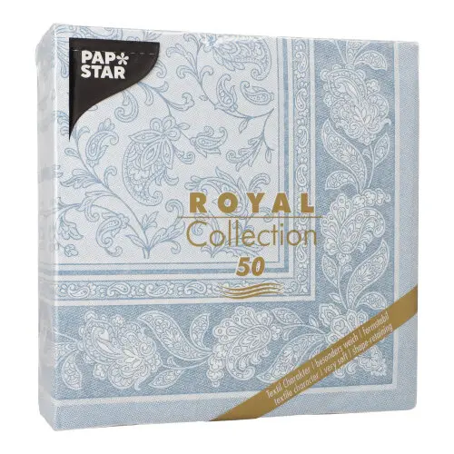 PAPSTAR Servietten ROYAL Collection arktikblau „Ornaments“ 1/4-Falz 40 x 40 cm aus stoffähnlichem Premium-Tissue mit ornamentalen Pflanzenranken, 5 x 50 Stück, Artikel 37023