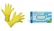 Nitril-Schutzhandschuhe gelb, puderfrei und latexfrei, Einweghandschuhe für medizinische Anwendungen, Labor und Reinigung, Packung und Handschuhe abgebildet, Art.-Nr. 51470