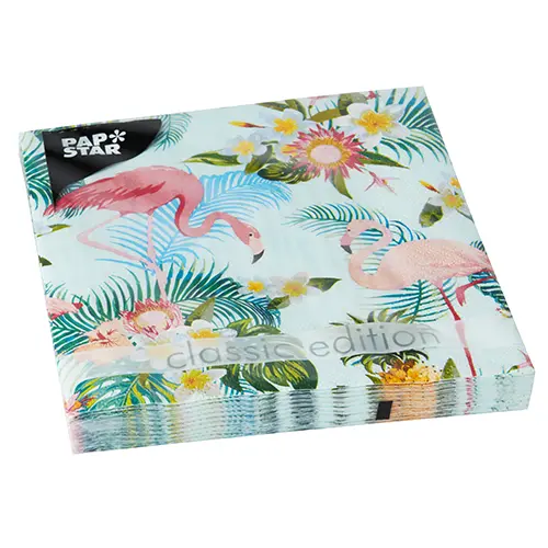 PAPSTAR Servietten "Exotic Flamingos", 3-lagig, 1/4-Falz, 33 x 33 cm, umweltfreundliche Tissue-Servietten mit Flamingo- und Tropenmotiv, FSC-zertifiziert, 86846