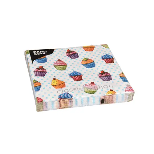 PAPSTAR Servietten, 3-lagig 1/4-Falz 33 x 33 cm "Cupcakes" mit buntem Cupcake-Dekor auf hellblauem Punktmuster, umweltfreundliche Tissue-Servietten, FSC-zertifiziert, Nordic Eco Label, Karton 200 Stück, Art.-Nr. 82736