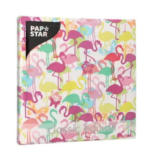 PAPSTAR Servietten Flamingoparty, 3-lagig, 33 x 33 cm, bunte Flamingo- und Schmetterlingsmotive auf umweltfreundlichen Tissue-Servietten, FSC-zertifiziert, Artikel 37101