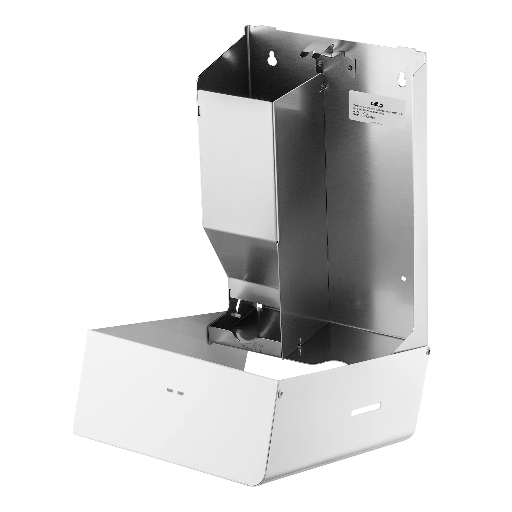 MediQo-line Tampon- und Bindenspender klein Edelstahl MQSTB P, platzsparender Wandspender für ca. 150 Tampons und 40 Binden mit Sichtschlitzen, Artikel MQSTB P