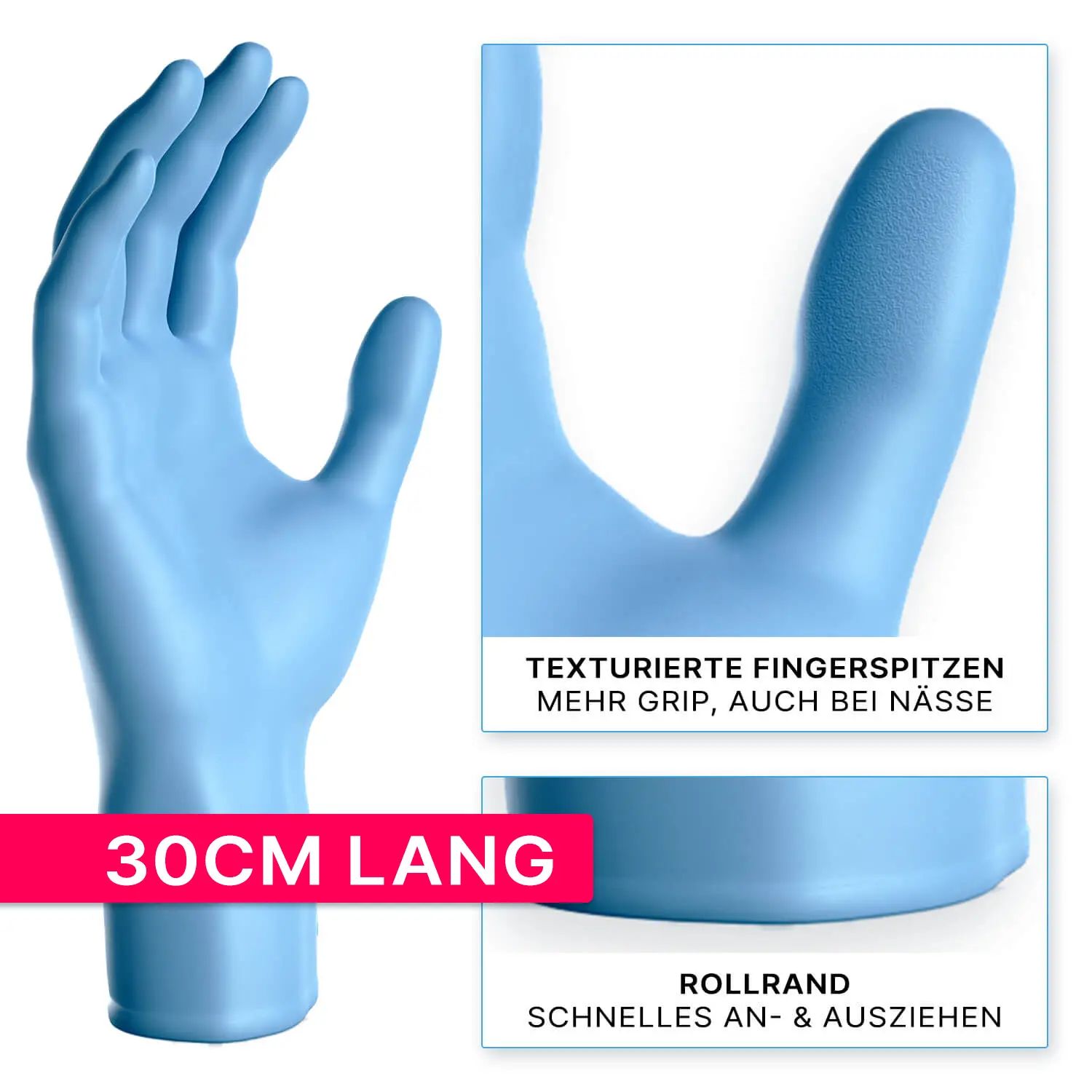 ARNOMED XTRA LONG NITRIL BLUE Nitrilhandschuhe blau puderfrei, extralange 30 cm Einmalhandschuhe mit Rollrand und texturierten Fingerspitzen für besseren Grip, VE 100 Stück