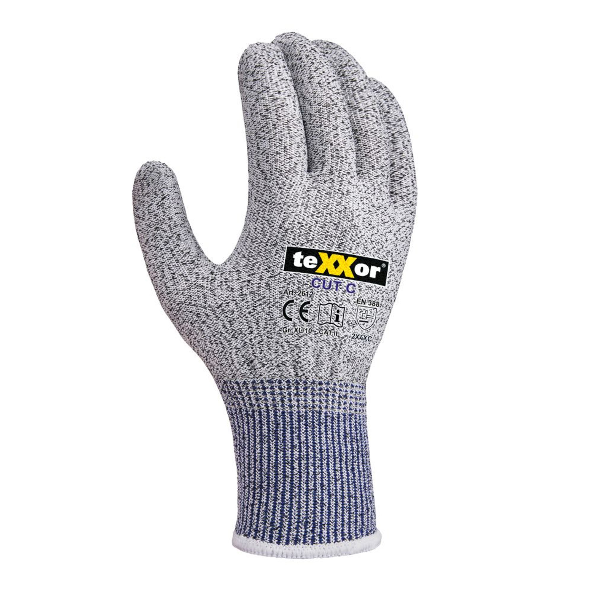 teXXor 2612, CUT C Schnittschutzhandschuhe grau-meliert/blau, VE 144 Paar