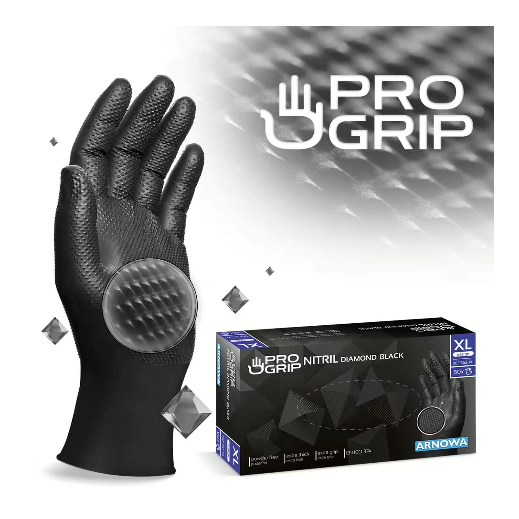 ARNOMED PROGRIP NITRIL DIAMOND BLACK Nitrilhandschuhe schwarz puderfrei, latexfrei, extra dicke Einweghandschuhe mit Diamant-Grip für Gastronomie, Reinigung, Desinfektion und Lebensmittelindustrie, VE 50 Stück
