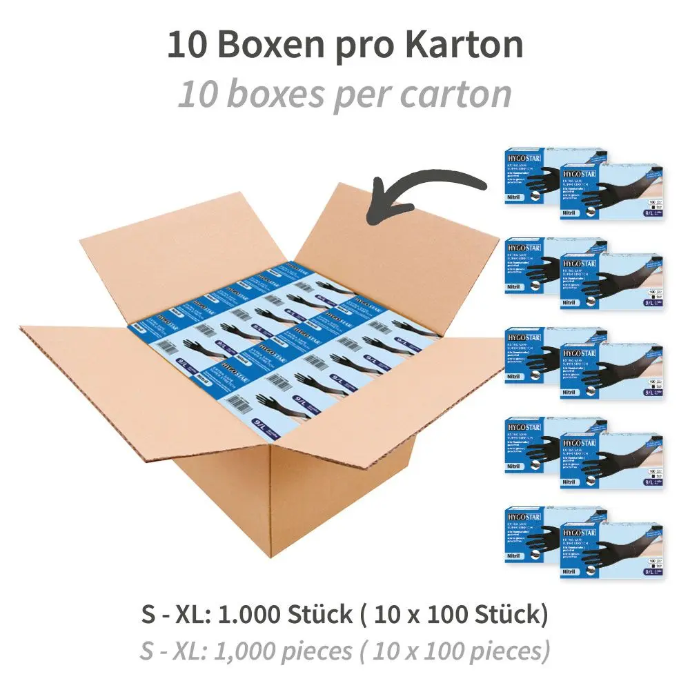 Hygostar Extra Safe Super Stretch Nitrilhandschuhe schwarz puderfrei, VE 1.000 Stück – geöffneter Karton mit 10 Boxen à 100 Einweghandschuhen in den Größen S bis XL