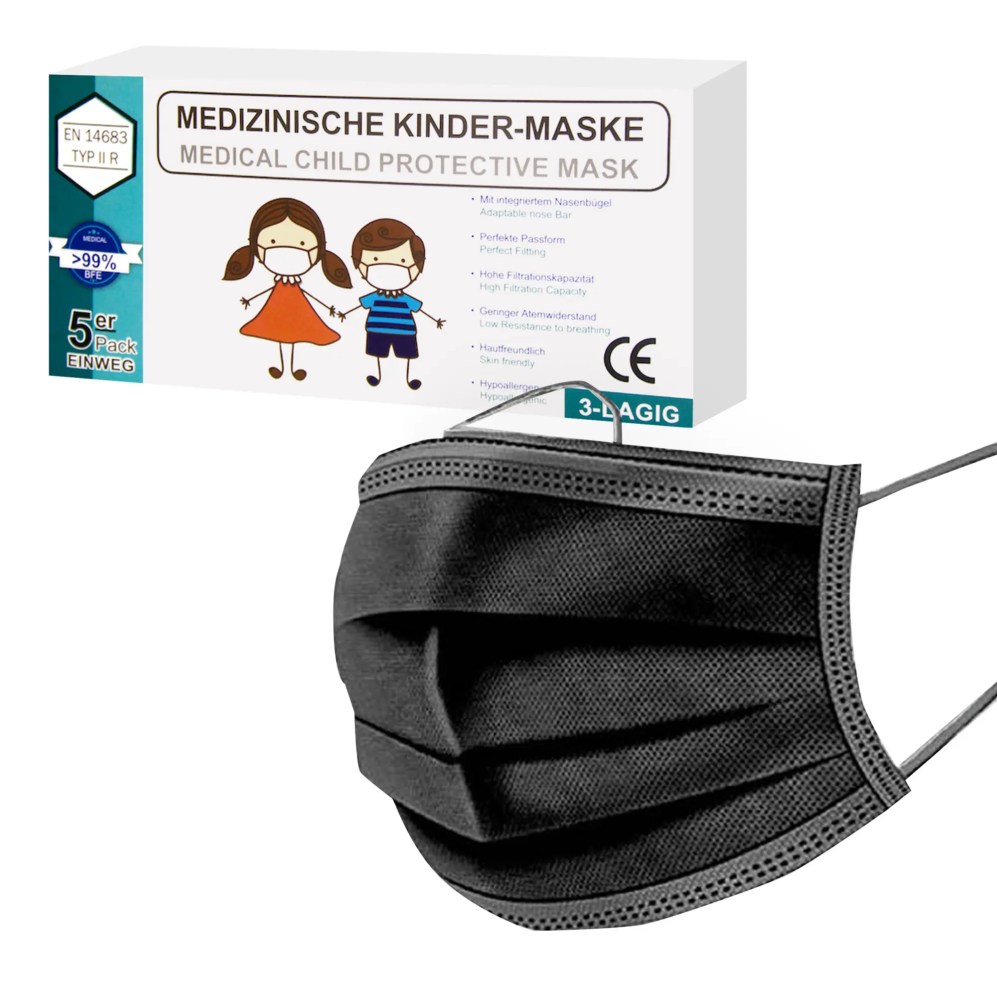Kindermasken - Mundschutz Kinder Typ II R 3-lagig 50 Stück schwarz GL52602-24B_1