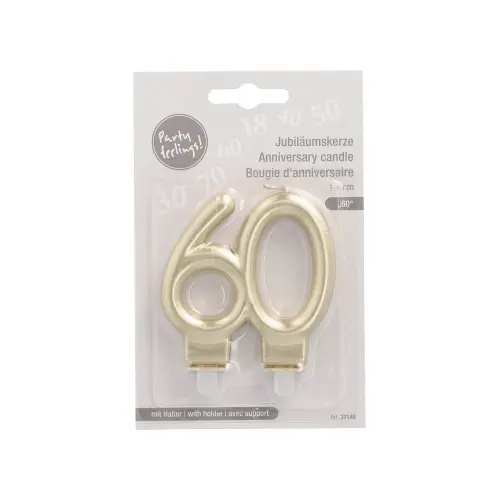 PAPSTAR Jubiläumskerzen mit Halter 7 cm gold "60" aus Paraffin, goldene Zahlenkerzen für 60. Geburtstag oder Jubiläum, raucharm, Höhe 7 cm, Art.-Nr. 37148