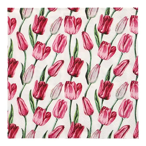 PAPSTAR Servietten, 3-lagig 1/4-Falz 33 x 33 cm "Tulip" mit dicht bedrucktem roten Tulpenmuster auf weißem Hintergrund, FSC-zertifizierte Tissue-Servietten für Feierlichkeiten