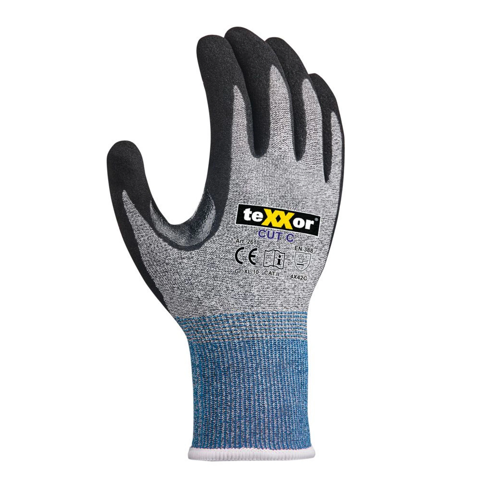 teXXor 2610, CUT C Schnittschutzhandschuhe mit Nitril, gesandet-Beschichtung grau-meliert/blau/schwarz, VE 144 Paar