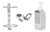 Desinfektionsmittelspender-Set aus Edelstahl mit Standfuß, Wandhalterung und Nachfüllflasche mit Pumpkopf, Artikelnummer 6225