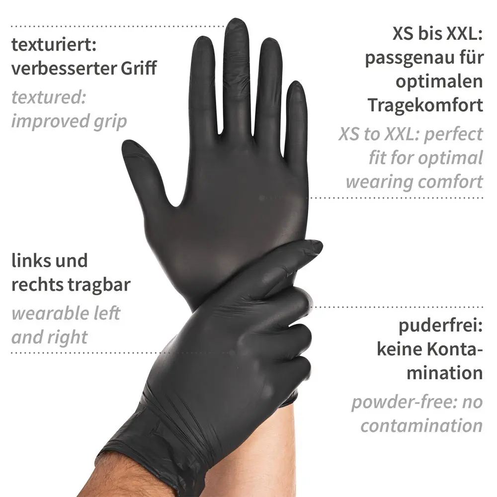 Hygostar Safe Light Nitrilhandschuhe schwarz puderfrei, texturiert für besseren Griff, beidhändig tragbar, XS bis XXL, VE 1000 Stück für Medizin, Pflege, Kosmetik und Gastronomie