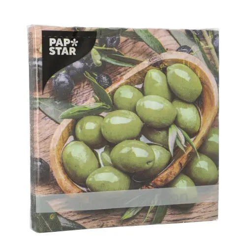 PAPSTAR Servietten, 3-lagig 1/4-Falz 33 x 33 cm Olive Flavour mit grünem Olivenmotiv auf Holzhintergrund, FSC-zertifizierte Tissue-Servietten, Artikel 89158