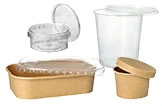 To-Go Einwegverpackungen Set aus Pappschalen und Kunststoffbechern mit passenden Deckeln, ideal für Take-away und Lieferservice, Artikelnr. 12345